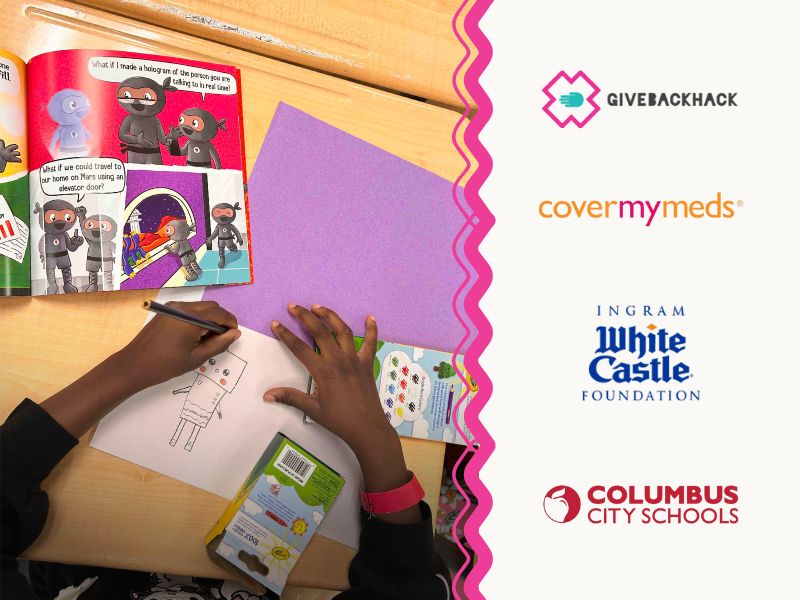 A student drawing and names of organizations who supported GBH Kids: CoverMyMeds, Ingram-White Castle Foundation, and Columbus City Schools.